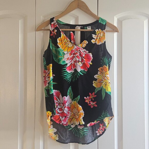 Old Navy Women’s Tank Top M Black Hawaiian Print Tropical Vacation Resortwear - Picture 1 of 7